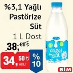 DOST %3,1 YAĞLI PASTÖRİZE SÜT 1 L